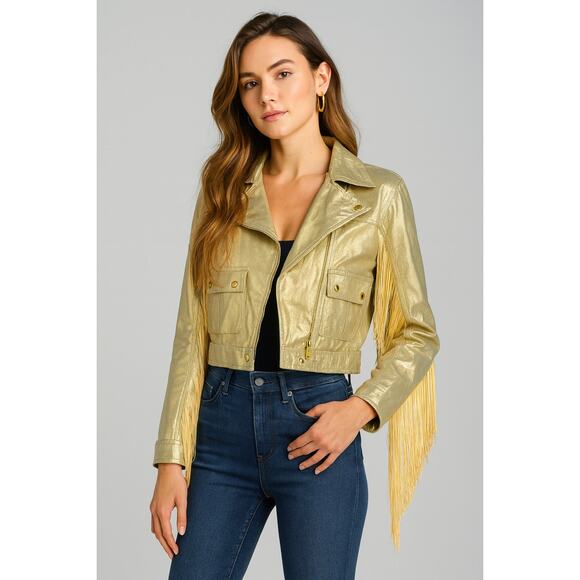 Wallflower San Francisco Vintage Metallic Gold Fringe Denim Jacket – Size Small - Picture 1 of 7